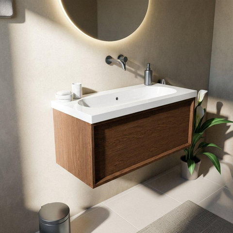 Saniclass Holz Frame Badkamermeubelset - 100x45x43.5cm - Palermo keramische wastafel wit - 1 wasbak - zonder kraangat - 1 lade - mat walnut pure (hout) SW1478613