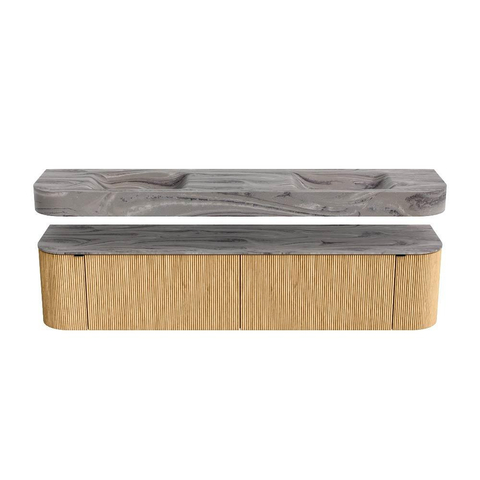 MONDIAZ THOR-DLUX 200cm meuble de salle de bains arrondi gauche + droite couleur Oak avec 2 tiroirs et 2 portes. Vasque suspendue CLOUD Double 2 trous de robinet couleur Sombra. SW1467255