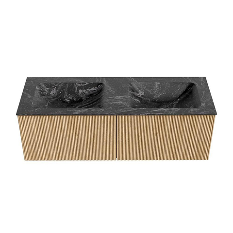 MONDIAZ KURVE-DLUX meuble de salle de bains 130 cm couleur Oak avec 2 tiroirs. Lavabo LEAF double sans trou de robinet couleur Lava. SW1137180