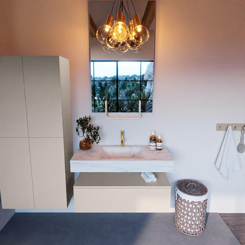 MONDIAZ ALAN - DLUX Ensemble meuble de salle de bains - 100cm - meuble bas - Linen - 1 tiroir - lavabo suspendu - vasque au centre - 1 trou de robinet - Opalo SW806443