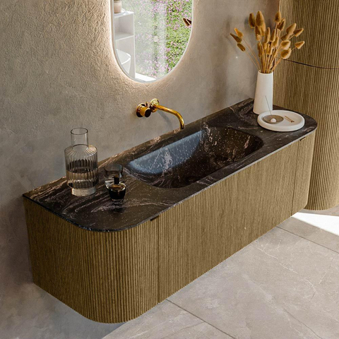 Mondiaz KURVE-DLUX Ensemble de meuble de salle de bains - 140x46x40cm - 1 tiroir - 2 portes - vasque solid surface - au milieu - sans trou de robinet - Dusk SW1415249