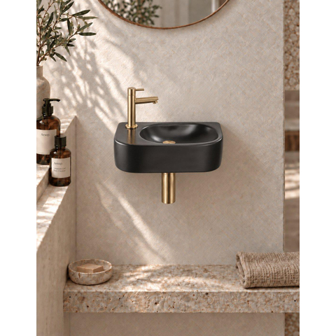 QeramiQ Fuente pack lave-mains – demi-rond – 40 x 21,5 x 12 cm – perçage à gauche – robinet doré brossé SW1232821
