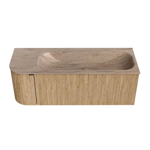 MONDIAZ KURVE-DLUX Meuble de salle de bains 125cm arrondi Gauche couleur Chêne avec 1 tiroir et 1 porte. Lavabo BIG MEDIUM Droite sans trou de robinet Saba. SW1433071
