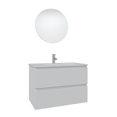 Saniclass Chaci Meuble de salle de bain - 80x46x55cm - lavabo en céramique blanc - 1 vasque - 1 trou de robinet - 2 tiroirs - ronde miroir avec éclairage - blanc mat SW816264