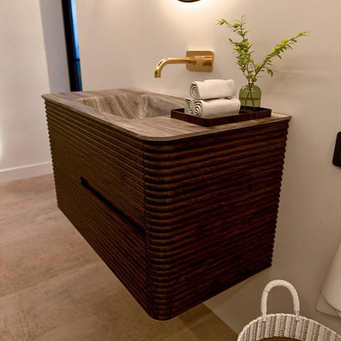 Mondiaz CIRO-DLUX Badkamermeubelset - 90x45x50cm - Solid surface wastafel Sombra - 1 wasbak Midden - zonder kraangaten - 2 lades - Walnut SW1530732