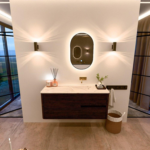 Mondiaz CIRO-DLUX Ensemble de meubles de salle de bains - 120x45x50cm - Plan-vasque solid surface Nata - 1 vasque à droite - sans trous de robinetterie - 2 tiroirs - Noyer SW1530544