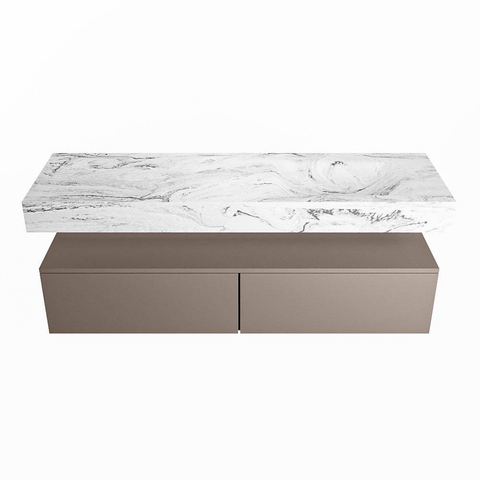 Mondiaz ALAN-DLUX Ensemble de meuble - 150cm - meuble Smoke mat - 2 tiroirs - Lavabo Cloud Glace suspendu - vasque Droite - 0 trous de robinet SW804919