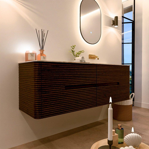 Mondiaz CIRO-DLUX Badkamermeubelset - 150x45x50cm - Solid surface wastafel Frappe - 1 wasbak Rechts - zonder kraangaten - 4 lades - Walnut SW1530202