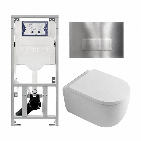 QeramiQ Dely Swirl Toiletset - 36.3x51.7cm - Geberit UP320 inbouwreservoir - met Burda frame - 35mm zitting - steel bedieningsplaat - rechthoekige knoppen - glans wit SW1138658
