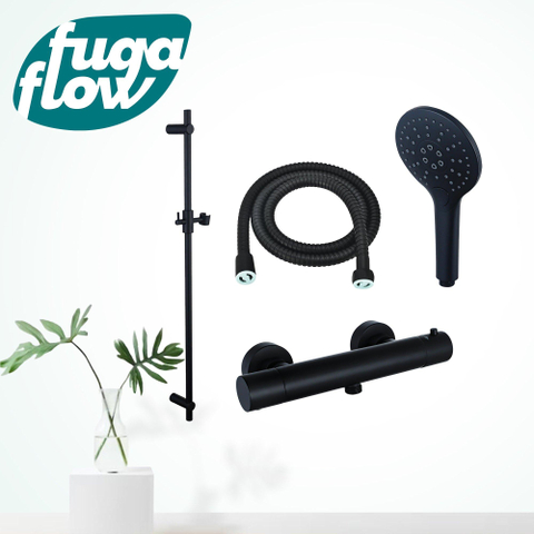 FugaFlow Eccelente Sobrado Badkamer douchekraan met glijstangset met ronde handdouche, metalen doucheslang mat zwart SW1124013