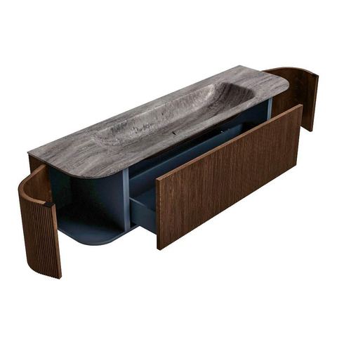 MONDIAZ KURVE-DLUX 170cm badmeubel ronding Links + Rechts kleur Walnut met 1 lade en 2 deuren. Wastafel BIG LARGE Midden zonder kraangat Oza. SW1432458
