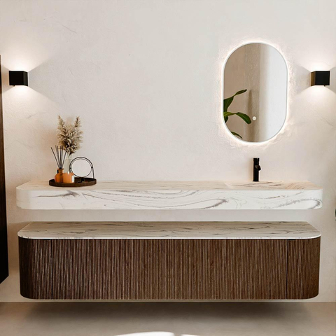 MONDIAZ THOR-DLUX 200cm meuble de salle de bains arrondi gauche + droite couleur Walnut avec 2 tiroirs et 2 portes. Vasque suspendue CLOUD Droite 1 trou de robinet couleur Nata. SW1467151