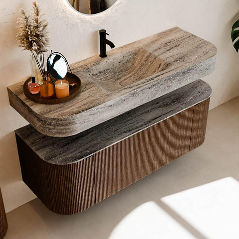 MONDIAZ THOR-DLUX 130cm badmeubel ronding links + rechts kleur Walnut met 1 lade en 2 deuren. Vrijhangende wastafel CLOUD Midden 1 kraangat kleur Oza. SW1463976