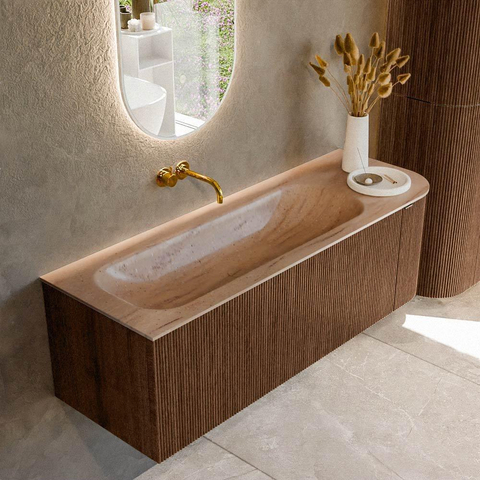 MONDIAZ KURVE-DLUX meuble de salle de bains 135cm arrondi Droite couleur Walnut avec 1 tiroir et 1 porte. Lavabo BIG MEDIUM Gauche sans trou de robinet Saba. SW1433185