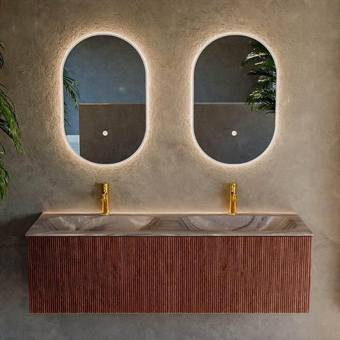 MONDIAZ KURVE-DLUX Meuble de salle de bains 140 cm couleur Ruby avec 2 tiroirs et 0 porte. Lavabo STOR SMALL Double 2 trous de robinet Sombra. SW1433998