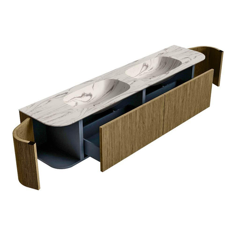 MONDIAZ KURVE-DLUX 200cm meuble de salle de bains arrondi Gauche + Droite couleur Dusk avec 2 tiroirs et 2 portes. Plan-vasque STOR SMALL Double sans trou de robinet Nata. SW1432439