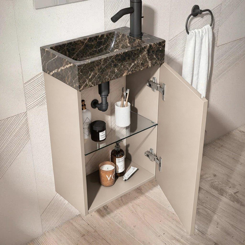 Saniclass Chaci Toiletmeubelset - 40x65cm - 1 deur - 1 kraangat - rechts - fontein dark emporador - mat cotton (beige) SW1482360