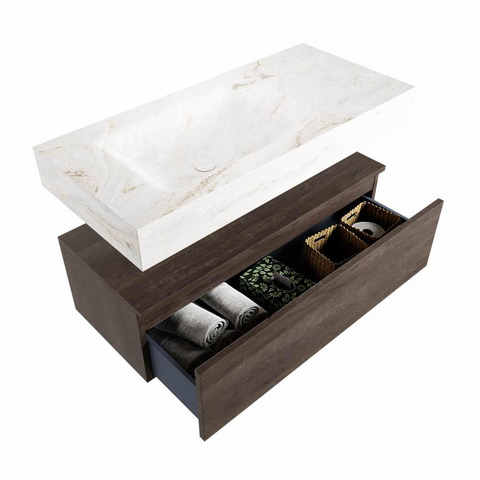 Mondiaz ALAN-DLUX Ensemble de meuble de salle de bain - 120x46cm - 1 tiroir - vasque suspendue - 1 trou de robinetterie - 1 à gauche - Dark Brown (chêne foncé) SW1239353