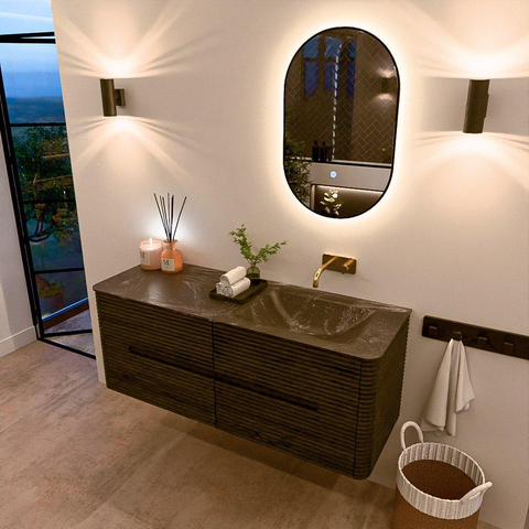 Mondiaz CIRO-DLUX Meuble de salle de bains complet - 130x45x50cm - Plan vasque solid surface Lava - 1 lavabo à droite - sans trous de robinet - 4 tiroirs - Shadow SW1532274