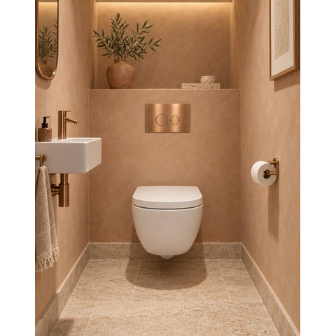 QeramiQ Dely Swirl Compact Toiletset - inbouwreservoir QeramiQ flush - 25mm zitting - metalen bedieningsplaat koper - ronde knoppen - glans wit SW1590602
