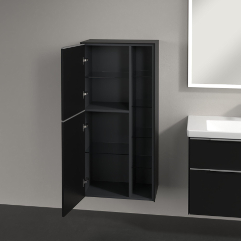 Villeroy & boch subway 3.0 armoire de salle de bains 60x35x120cm avec 2 portes à fermeture douce à gauche 5 compartiments ouverts en saillie avec poignée en aluminium brillant volcano noir panneau de particules SW730412