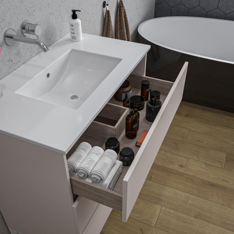 Saniclass Chaci PLUS Meuble de salle de bain - 80x86x46cm - lavabo en céramique blanc - 1 vasque - sans trous de robinet - 3 tiroirs - miroir rectangulaire - mat cotton (beige) SW1182421