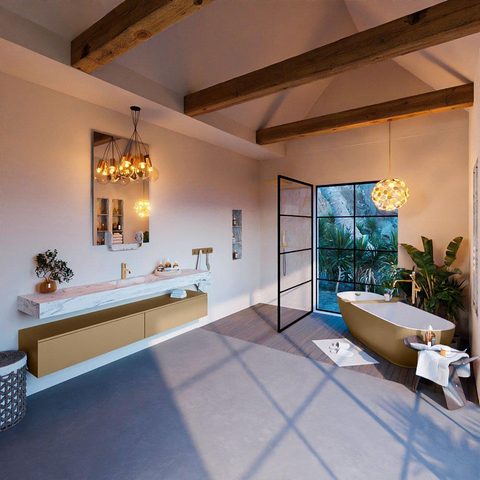 Mondiaz ALAN-DLUX Ensemble de meuble - 200cm - meuble Oro mat - 2 tiroirs - Lavabo Cloud Glace suspendu - vasque Centre - 1 trou de robinet SW806099