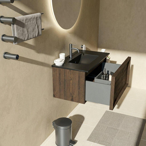 Saniclass Holz Frame Ensemble de meubles de salle de bains - 80x45x42cm - Lavabo en céramique Vygo noir - 1 vasque - 1 trou de robinetterie - 1 tiroir - chêne charcoal mat (bois) SW1478958