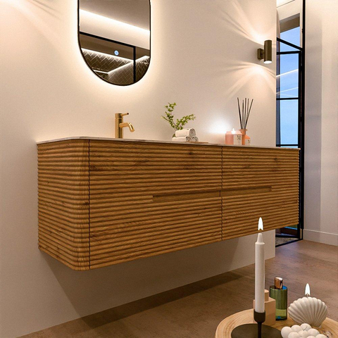 Mondiaz CIRO-DLUX Badkamermeubelset - 160x45x50cm - Solid surface wastafel Nata - 1 wasbak Links - 1 kraangat - 4 lades - Oak SW1531462