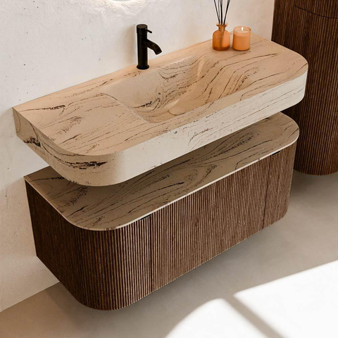 MONDIAZ THOR-DLUX 110cm badmeubel ronding links + rechts kleur Walnut met 1 lade en 2 deuren. Vrijhangende wastafel CLOUD Midden 1 kraangat kleur Arena. SW1462717