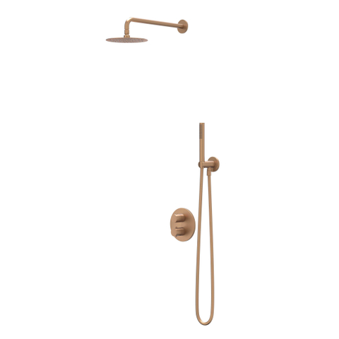 IVY Bond Ensemble de douche pluie - encastré - inverseur d'arrêt 2 voies - bras de plafond 30 cm - pomme de douche principale medium ronde 20 cm - barre de douche avec sortie - flexible de douche 150 cm - douchette à main 3 jets - cuivre brossé mat PVD SW1032682