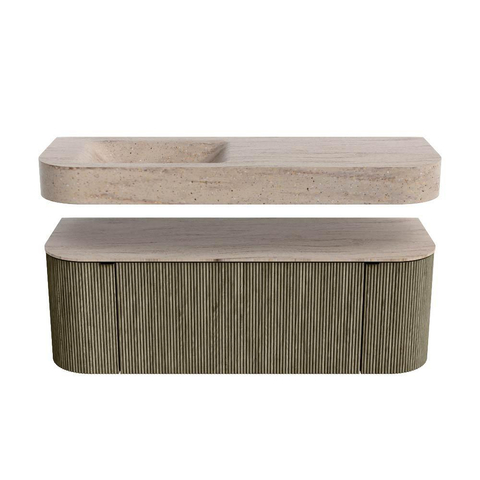 MONDIAZ THOR-DLUX 130cm meuble de salle de bains arrondi gauche + droite couleur Shadow avec 1 tiroir et 2 portes. Vasque suspendue CLOUD gauche sans trou de robinet couleur Saba. SW1464057