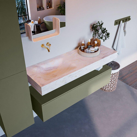 Mondiaz ALAN-DLUX Ensemble de meuble - 130cm - meuble Army mat - 1 tiroir - Lavabo Cloud Ostra suspendu - vasque Gauche - 0 trous de robinet SW807668