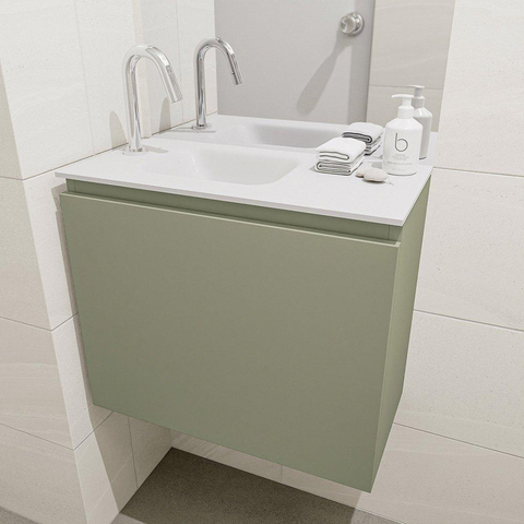 MONDIAZ OLAN Toiletmeubel 60x30x40cm met 1 kraangaten 1 lades army mat Wastafel Lex links Solid Surface Wit SW473320