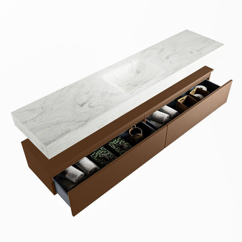 Mondiaz ALAN-DLUX Ensemble de meuble - 200cm - meuble Rust mat - 2 tiroirs - Lavabo Cloud Opalo suspendu - vasque Centre - 0 trous de robinet SW806817
