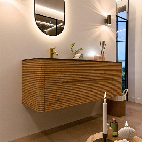 Mondiaz CIRO-DLUX Ensemble de meuble de salle de bains - 140x45x50cm - Vasque en solid surface Lava - 1 lavabo à gauche - 1 trou de robinet - 4 tiroirs - Chêne SW1531115