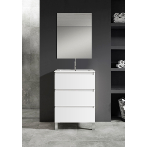 Saniclass Chaci PLUS Meuble de salle de bain - 60x86x46cm - lavabo en céramique blanc - 1 vasque - 1 trou de robinet - 3 tiroirs - miroir rectangulaire - blanc mat SW926034