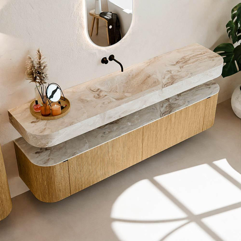 MONDIAZ THOR-DLUX 200cm meuble de salle de bains arrondi gauche + droite couleur Chêne avec 2 tiroirs et 2 portes. Vasque suspendue CLOUD Milieu sans trou de robinet couleur Frappe. SW1466945