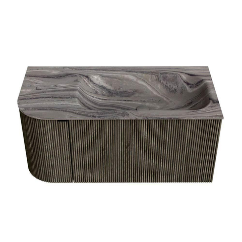 MONDIAZ KURVE-DLUX Meuble de salle de bains 95cm arrondi à gauche couleur Shadow avec 1 tiroir et 1 porte. Vasque BIG SMALL droite sans trou de robinet Sombra. SW1433741
