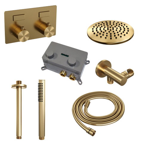 BRAUER Gold Edition Douche de pluie thermostatique encastrée - boutons-poussoirs - SET 53 - pomme de douche 20cm - bras de plafond - douchette barre - flexible de douche - coude de raccord mural - or brossé PVD SW925655