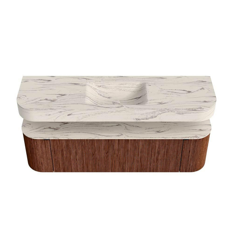 MONDIAZ THOR-DLUX 160cm meuble de salle de bains arrondi gauche + droite couleur Ruby avec 1 tiroir et 2 portes. Vasque suspendue CLOUD Milieu sans trou de robinet couleur Nata. SW1465292