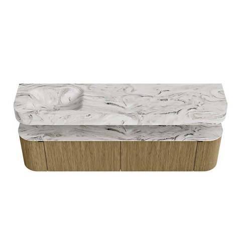 MONDIAZ THOR-DLUX Meuble de salle de bains 190cm arrondi gauche + droite couleur Dusk avec 2 tiroirs et 2 portes. Vasque suspendue CLOUD Gauche 1 trou de robinet couleur Glace. SW1466463