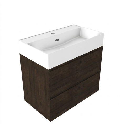 Saniclass Holz Pure Badkamermeubelset - 80x45x72cm - Legend keramische wastafel mat wit - 1 wasbak - zonder kraangat - 2 lades - mat eiken charcoal (hout) SW1580144