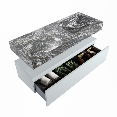 Mondiaz ALAN-DLUX Ensemble de meuble - 120cm - meuble Clay mat - 1 tiroir - Lavabo Cloud Lava suspendu - vasque Droite - 0 trous de robinet SW808469