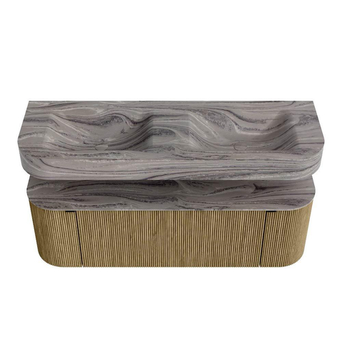 MONDIAZ THOR-DLUX 140cm meuble de salle de bains arrondi gauche + droite couleur Dusk avec 1 tiroir et 2 portes. Vasque suspendue CLOUD Double sans trou de robinet couleur Sombra. SW1464358
