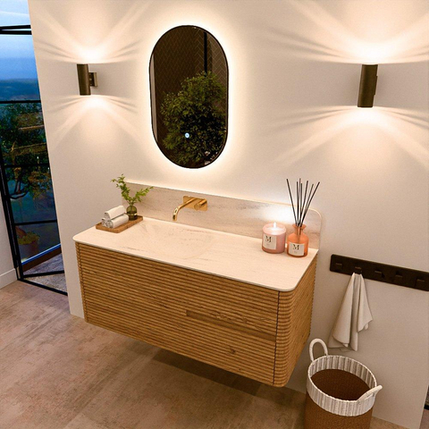 Mondiaz CIRO-DLUX Ensemble de meubles de salle de bains - 120x45x50cm - vasque en solid surface Meli - 1 lavabo à gauche - sans trous de robinet - 2 tiroirs - Chêne SW1531402