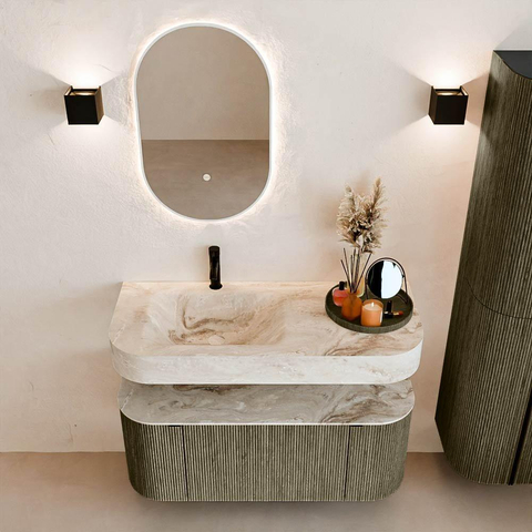 MONDIAZ THOR-DLUX 110cm badmeubel ronding links + rechts kleur Shadow met 1 lade en 2 deuren. Vrijhangende wastafel CLOUD Links 1 kraangat kleur Frappe. SW1462900