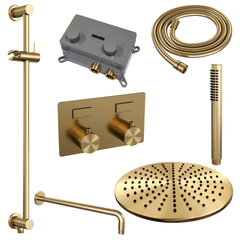 BRAUER Gold Edition Douche de pluie thermostatique encastrée - boutons-poussoirs - SET 64 - pomme de douche 30cm - bras mural courbé - douchette stick - flexible de douche - barre de douche intégrée - or brossé PVD SW925668