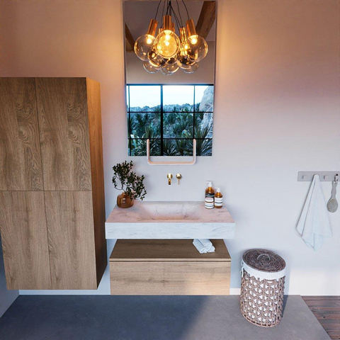 Mondiaz ALAN-DLUX Ensemble de meuble - 90cm - meuble Washed Oak mat - 1 tiroir - Lavabo Cloud Opalo suspendu - vasque Centre - 0 trous de robinet SW808839