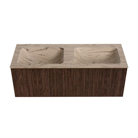 MONDIAZ KURVE-DLUX 120cm badmeubel kleur Walnut met 1 lade en 0 deuren. Wastafel LEAF Dubbel zonder kraangat Arena. SW1431222